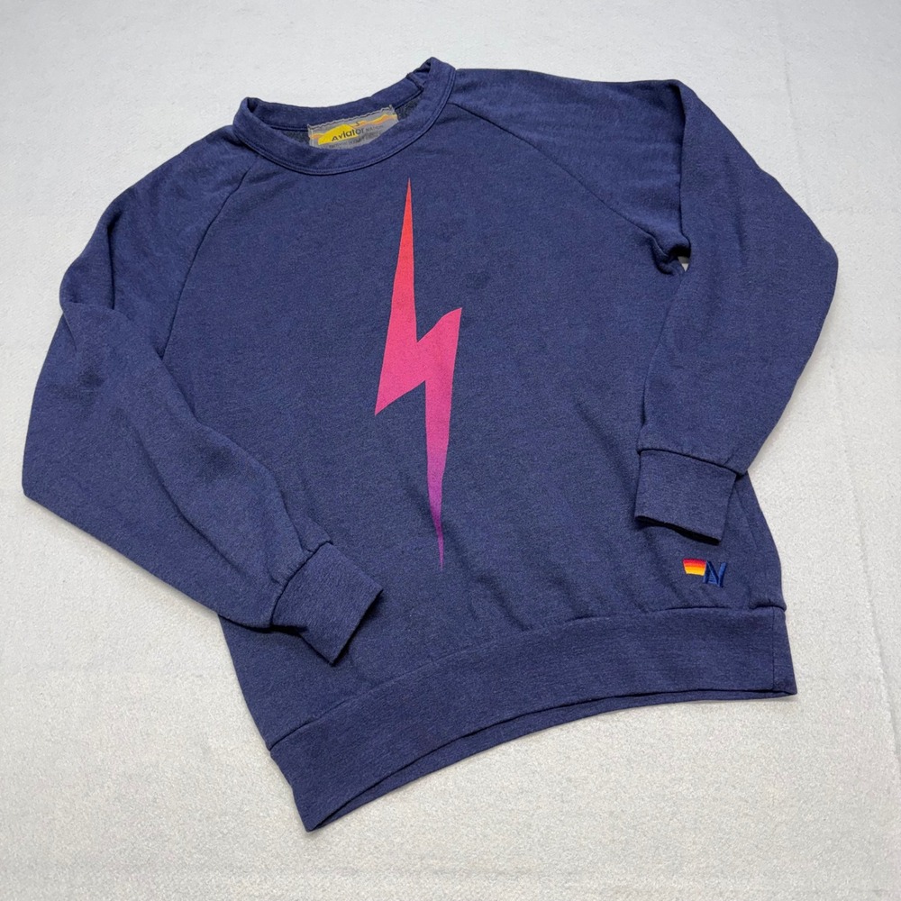 Aviator Nation Small Navy Blue Lightning Bolt Graphic Raglan Sweatshirt USA